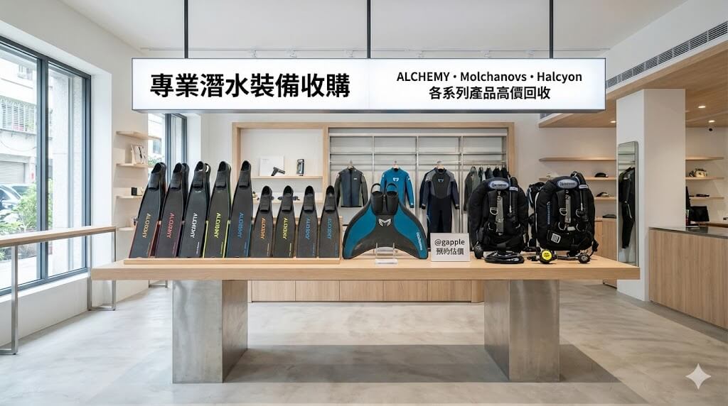 青蘋果3C 潛水裝備與碳纖維長蛙鞋收購買賣示意圖（限 Halcyon ALCHEMY Molchanovs）