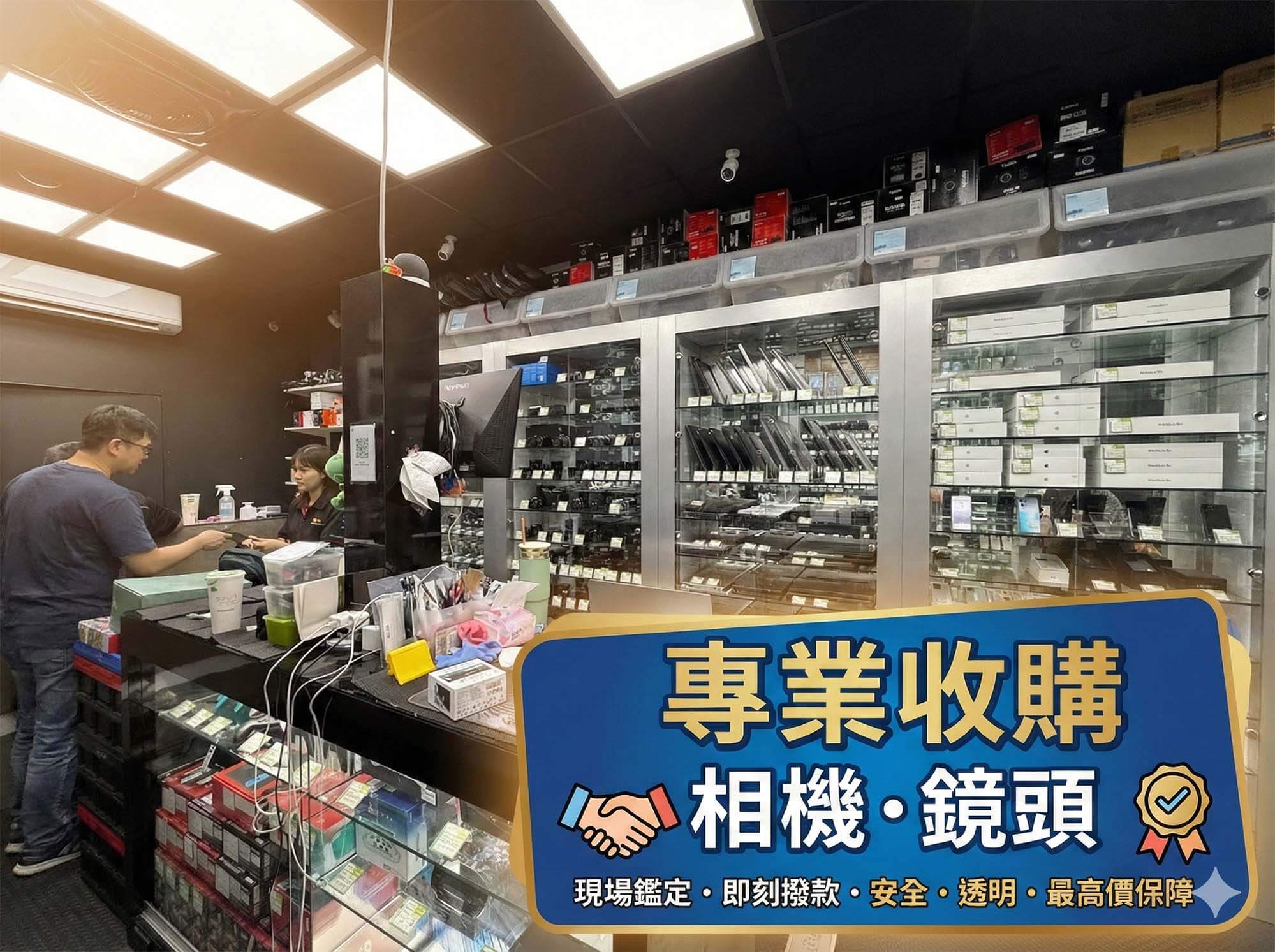 青蘋果3C台中門市專業收購相機與鏡頭服務海報，強調現場鑑定、即刻撥款、安全透明與最高價保障。背景為店內展示櫃與顧客互動場景。